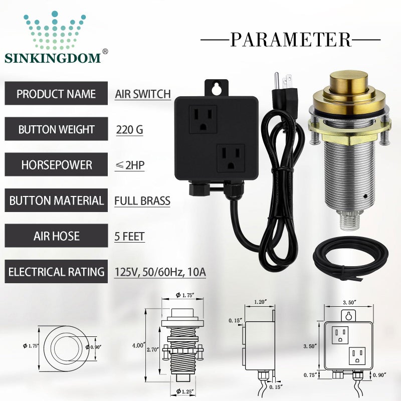SINKINGDOM SinkTop Air Switch Kit (Long Full Brass Button) for Disposal, Dual Outlet, (Champagne Bronze) - Image 5